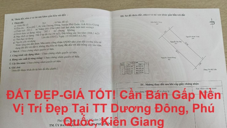 ĐẤT ĐẸP-GIÁ TỐT! Cần Bán Gấp Nền Vị Trí Đẹp Tại TT Dương Đông, Phú Quốc, Kiên Giang